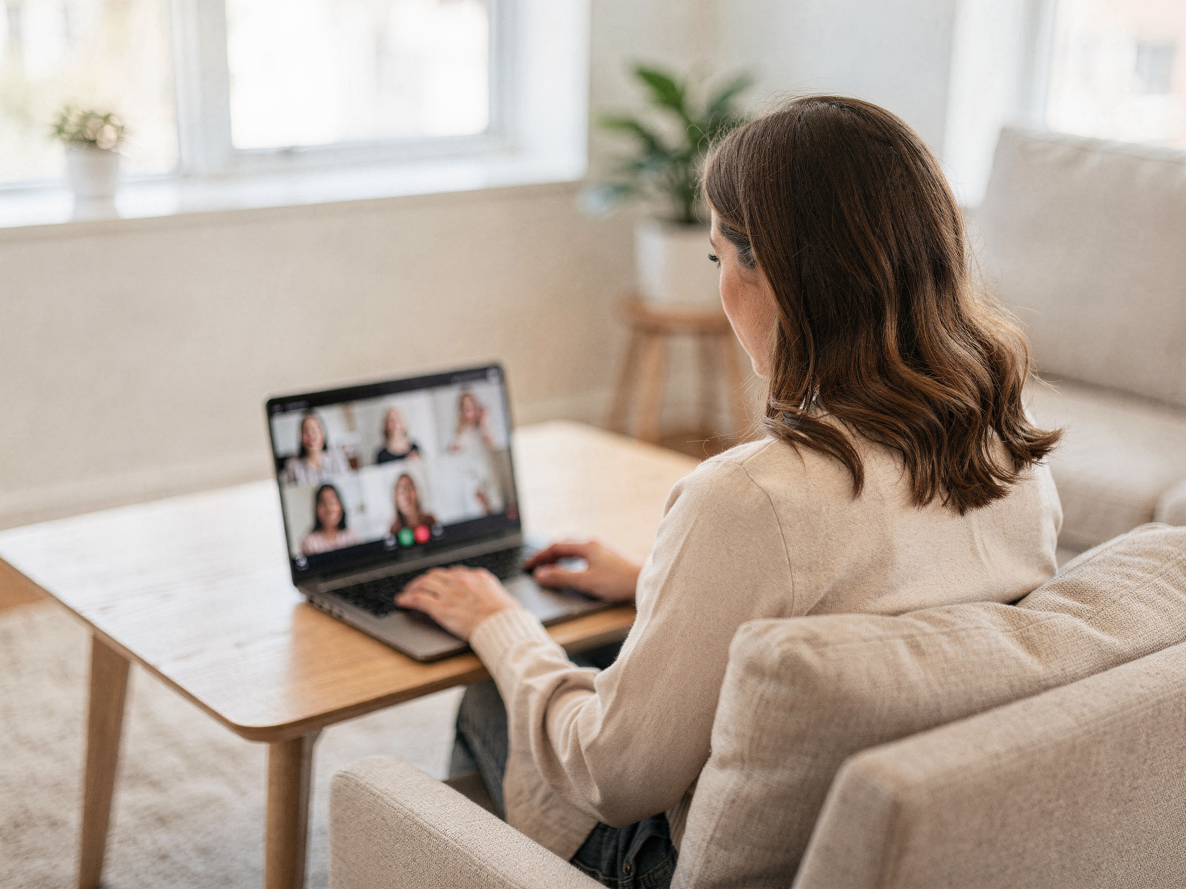Woman participating in an online group therapy session on a laptop from her home